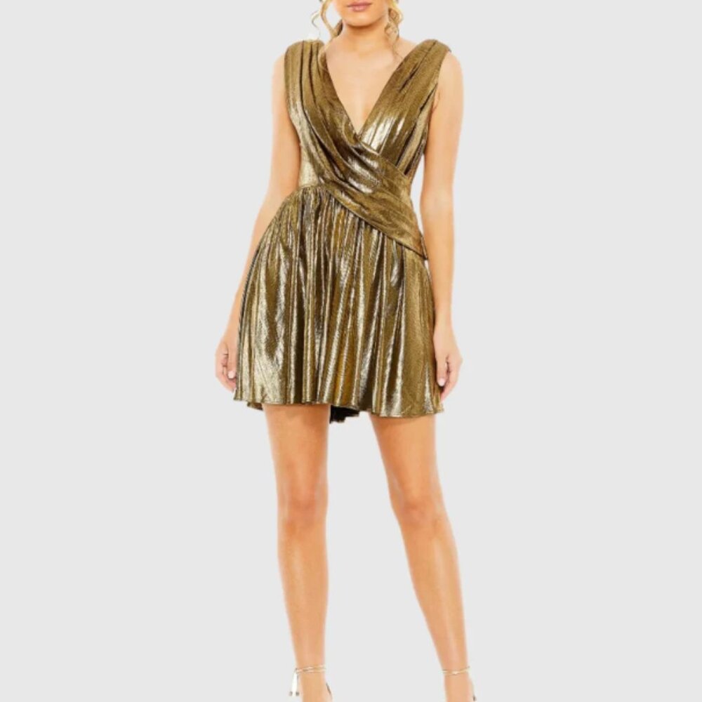 Leena for Mac Duggal Gold Sleeveless Cowl A Line Mini cocktail Dress 0 XS NWT